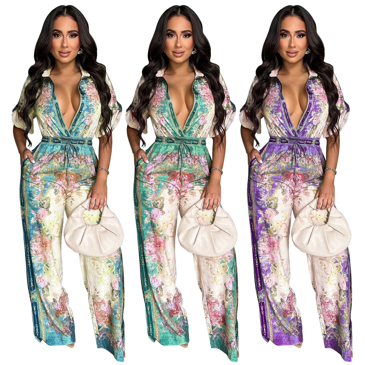 MYF (S-2XL) 20154 V-neck vintage printed jumpsuit