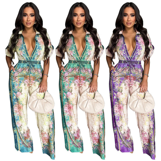 MYF (S-2XL) 20154 V-neck vintage printed jumpsuit