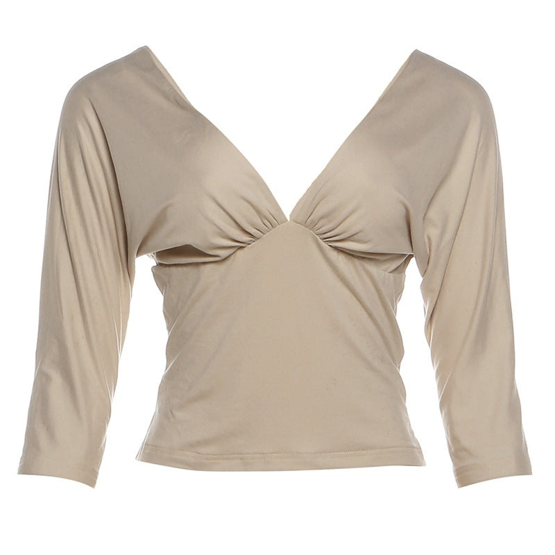 DLS summer deep V-neck backless half sleeve T-shirt cinched slimming pullover