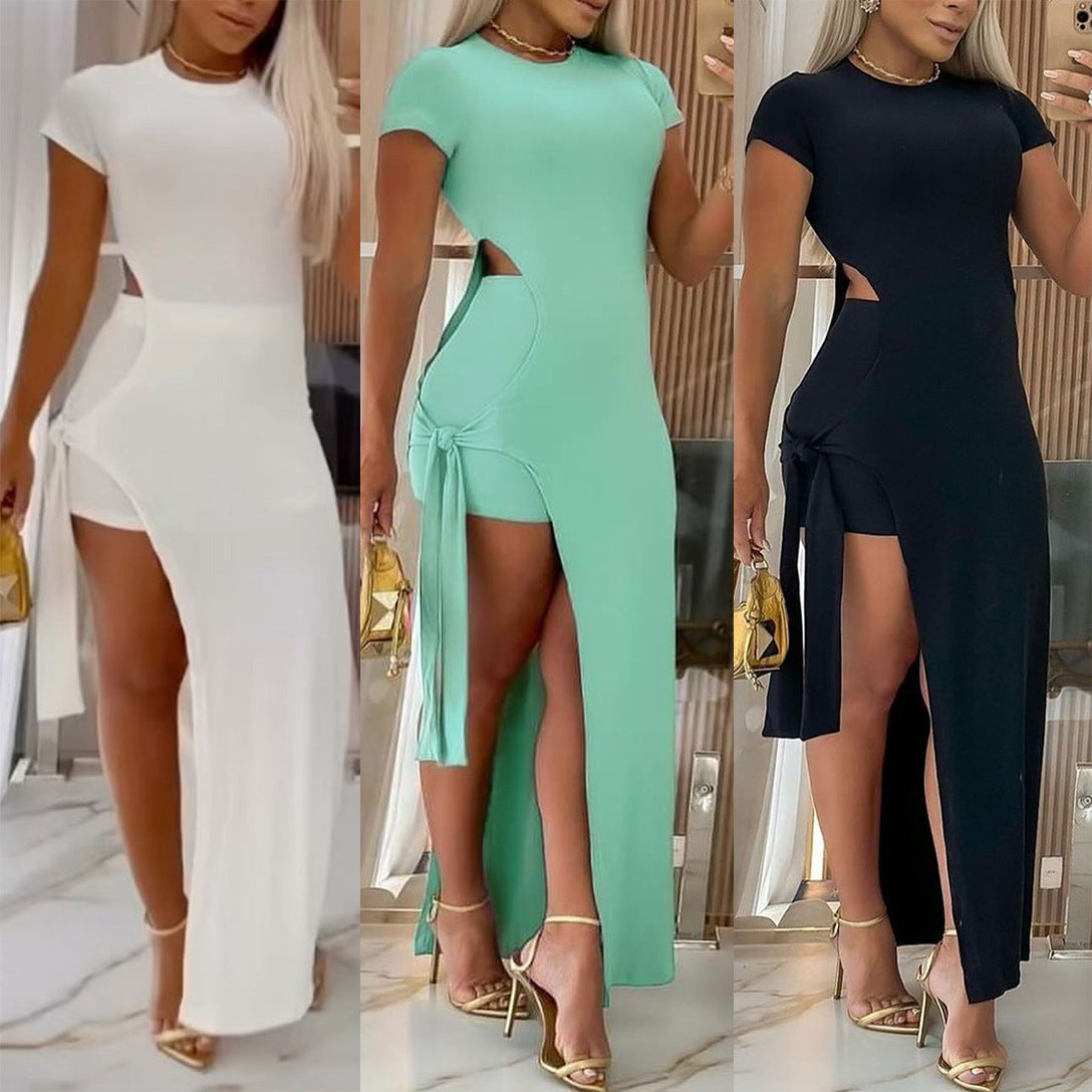 GY (S-3XL) S10757 hollow-out tight split lace-up midi dress two-piece set