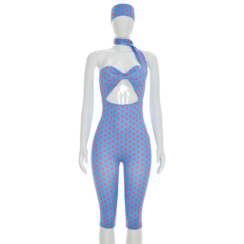 DZHT J26JP122 polka dot print halter ribbon backless tight cropped jumpsuit