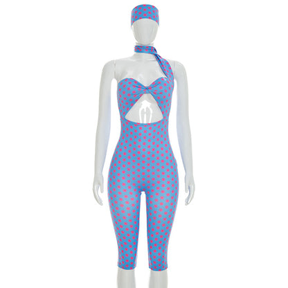 DZHT J26JP122 polka dot print halter ribbon backless tight cropped jumpsuit