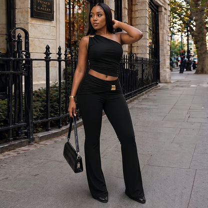 DZHT D26ST215 metal one-shoulder pleated top bootcut pants two-piece suit