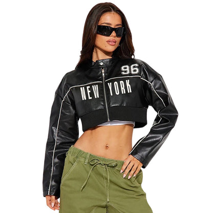 SXR autumn short zip leather coat fashion print stitching jacket