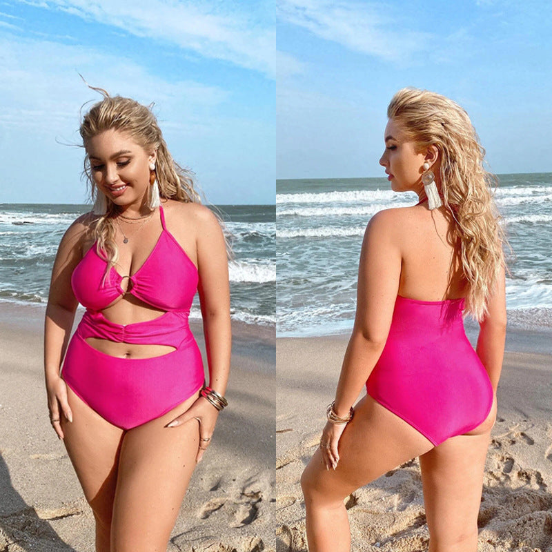 LF (L-4XL) women's one-piece solid color sexy swimsuit plus size