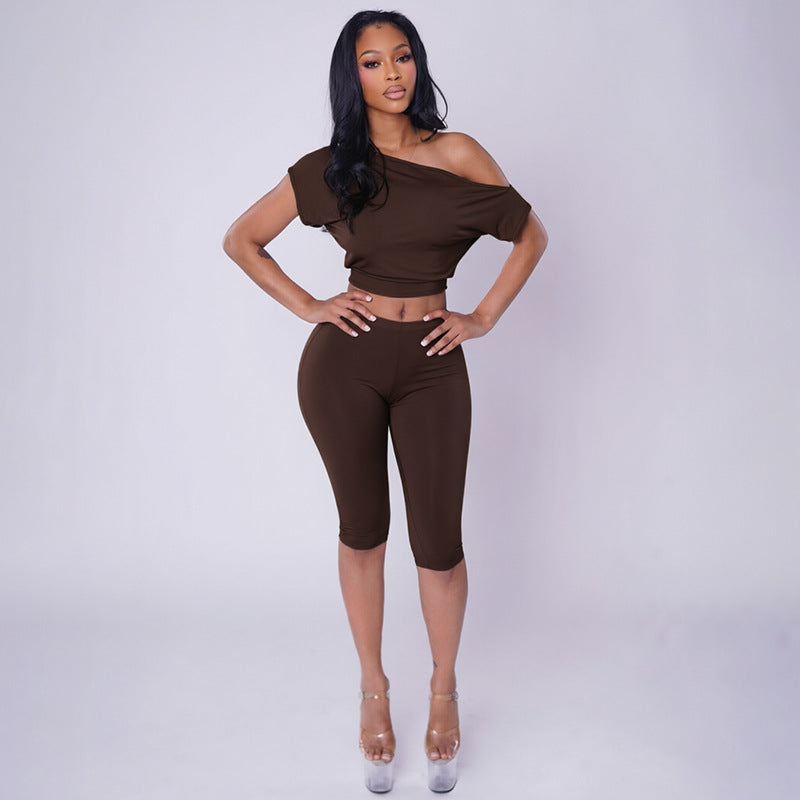 DZHT D26ST276 fashion slant shoulder short sleeve top tight cropped pants suit