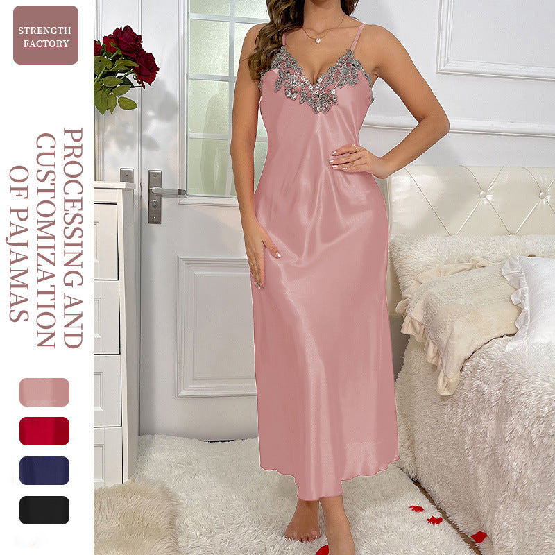 DNL slip nightdress Women's Ice Silk Silk long dress artificial silk backless nightdress