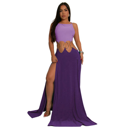MYF (S-2XL) 20194 European back high slit contrasting-color dress