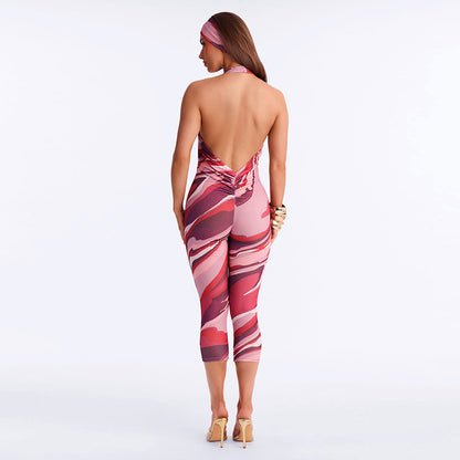 DZHT J26JP235 hair band deep V printed tight cropped jumpsuit two-piece set