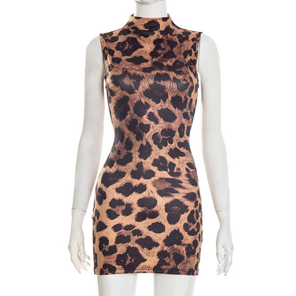 DZHT J26DS004 fashion leopard print sleeveless slim slimming mini dress