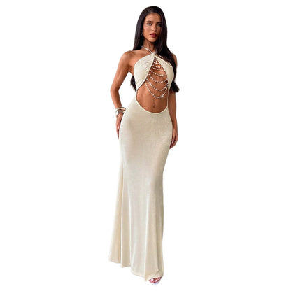 DLS summer halter backless Pearl decorative navel sheath dress