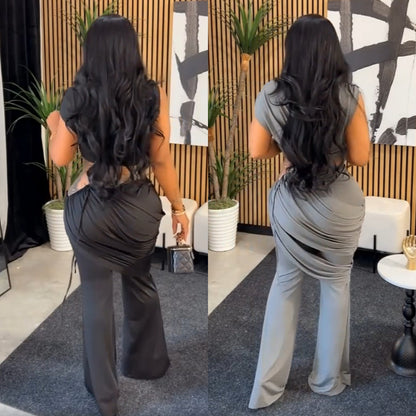 XYZ C7528 casual sleeveless midriff-baring top and trousers two-piece set