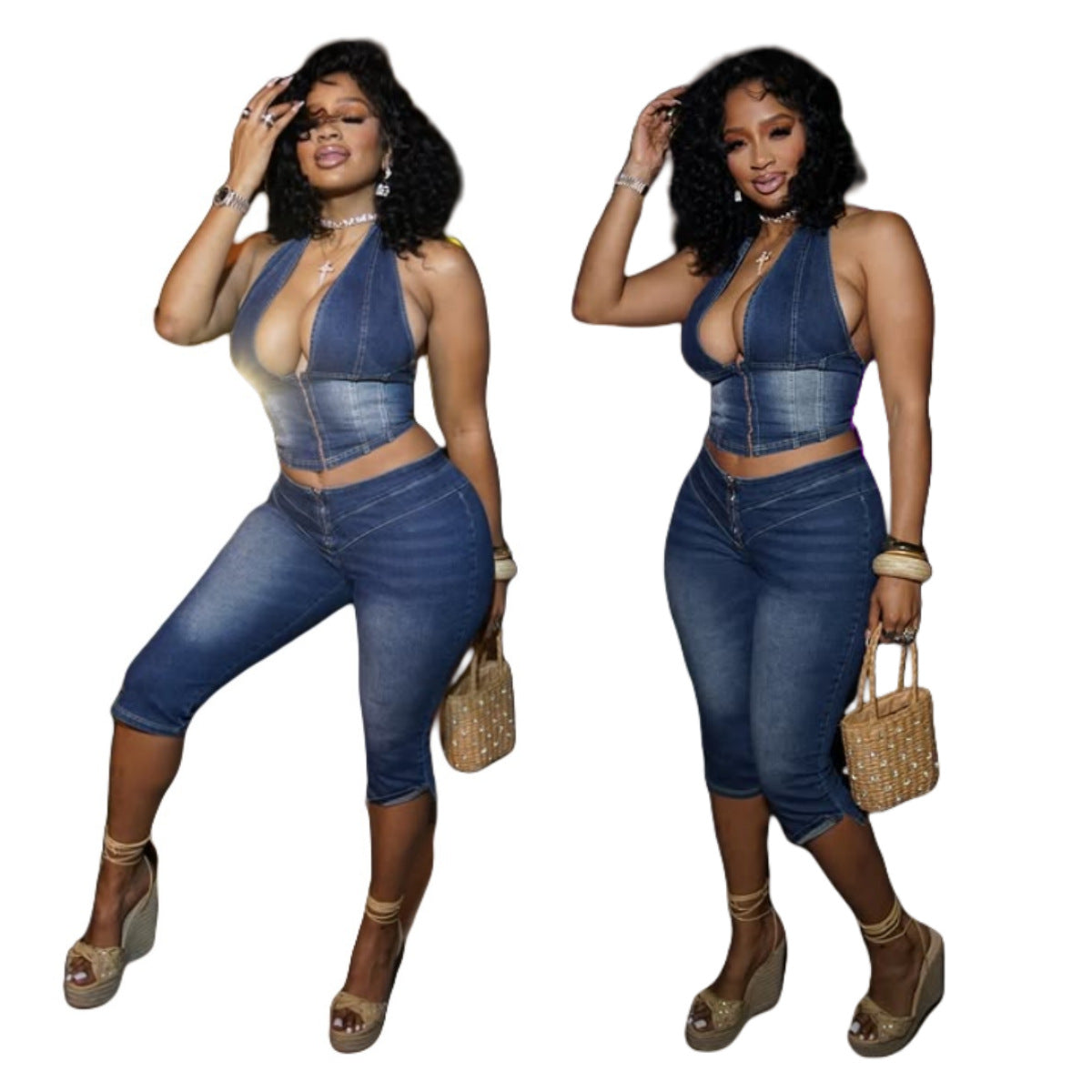 MZ (S-2XL) tube top halter lace-up denim cropped pants suit MZ88643 stretch