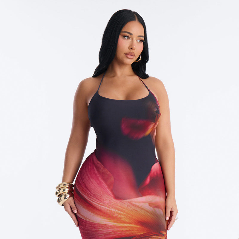 DZHT D26DS089 floral print halter lace-up bare back dress long dress