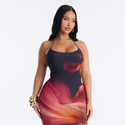 DZHT D26DS089 floral print halter lace-up bare back dress long dress