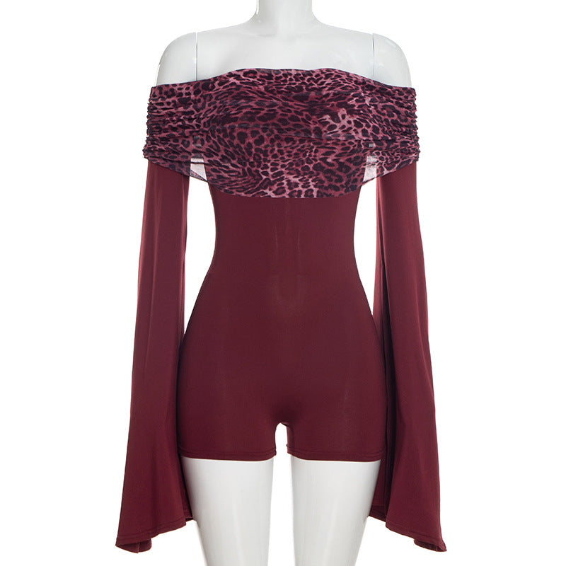 DZHT J25RP468 long sleeve off-shoulder leopard print off-shoulder shorts jumpsuit