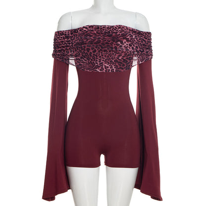 DZHT J25RP468 long sleeve off-shoulder leopard print off-shoulder shorts jumpsuit