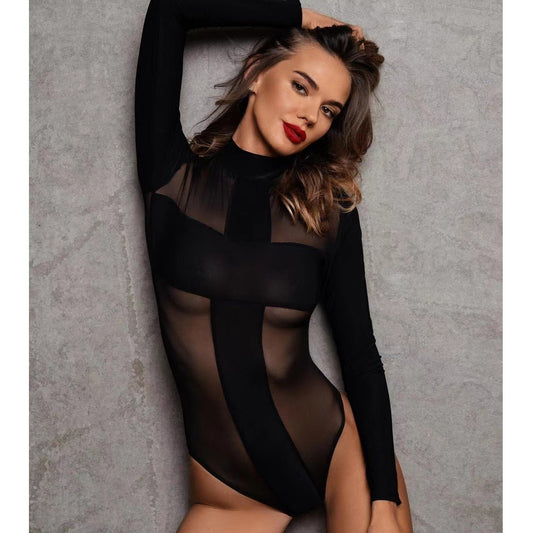 Long sleeve round collar gauze see-through open crotch sexy lingerie body-shaping corsets LS1521