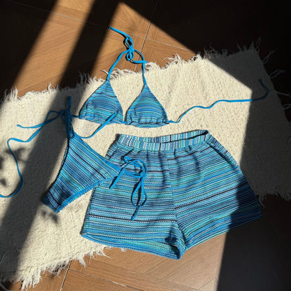 (4 days ready to ship) SY halter bikini knitted contrast color beach shorts three-piece set