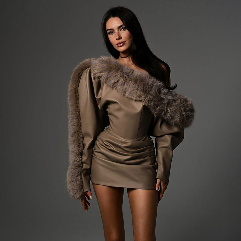 SXR fall winter fashion PU leather frayed waist sheath dress