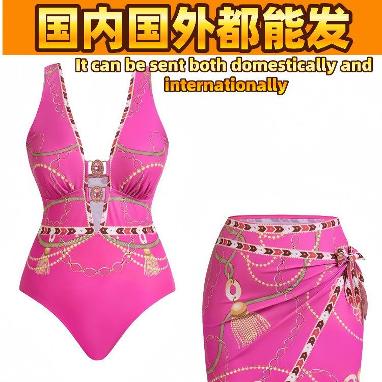 CL (L-4XL) plus size swimsuit deep V one-piece with cover Hanfu long robe two-piece set printed sexy bikini