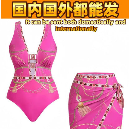 CL (L-4XL) plus size swimsuit deep V one-piece with cover Hanfu long robe two-piece set printed sexy bikini