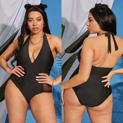 LF (L-4XL) women's one-piece solid color backless sexy swimsuit plus size