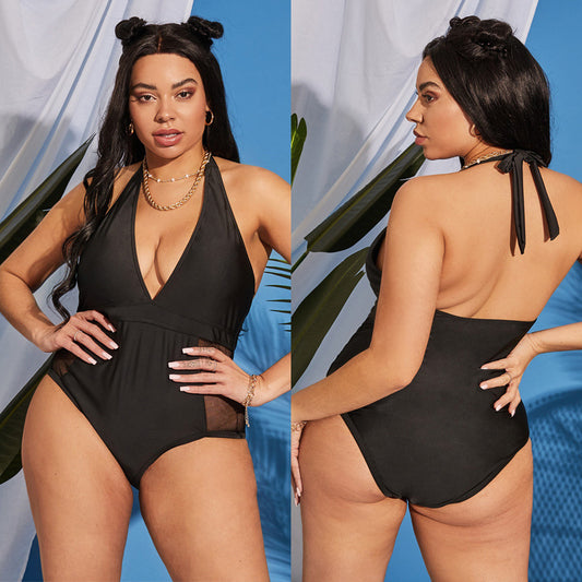 LF (L-4XL) women's one-piece solid color backless sexy swimsuit plus size