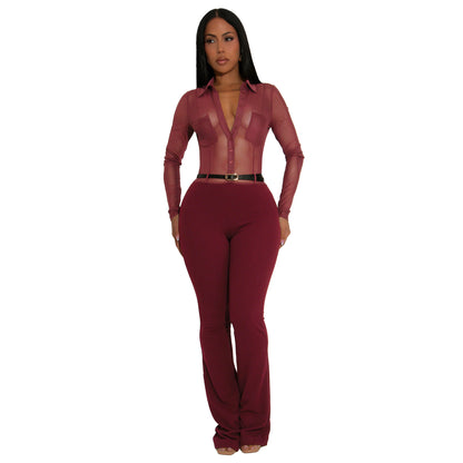 MYF (S-2XL) 10910 sheer long sleeve tight jumpsuit