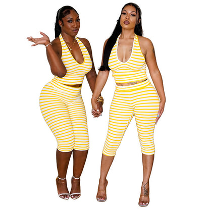 DZHT D26ST277 striped printed halterneck vest top high waist tight cropped pants two-piece set