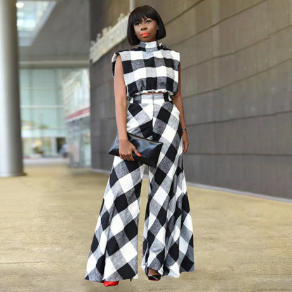 MYF (S-2XL) 10950 suede plaid loose wide leg pants sleeveless suit