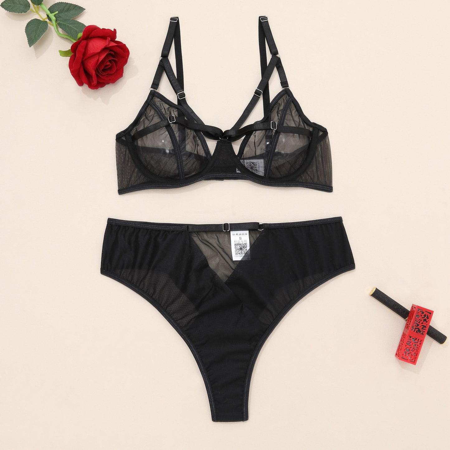 Sexy bra underwear black panel lace see-through