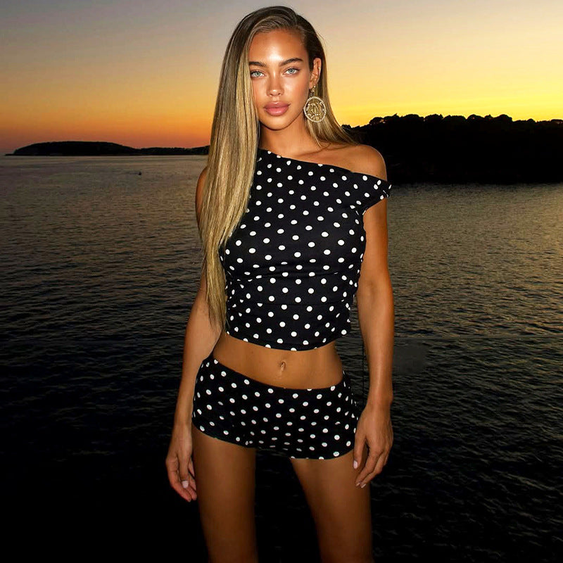 SXR spring polka dot print diagonal collar midriff-baring top sheath shorts suit