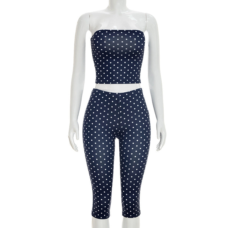 DZHT J26ST120 polka dot print tube top tight cropped pants two-piece suit