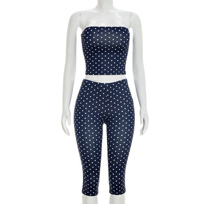 DZHT J26ST120 polka dot print tube top tight cropped pants two-piece suit