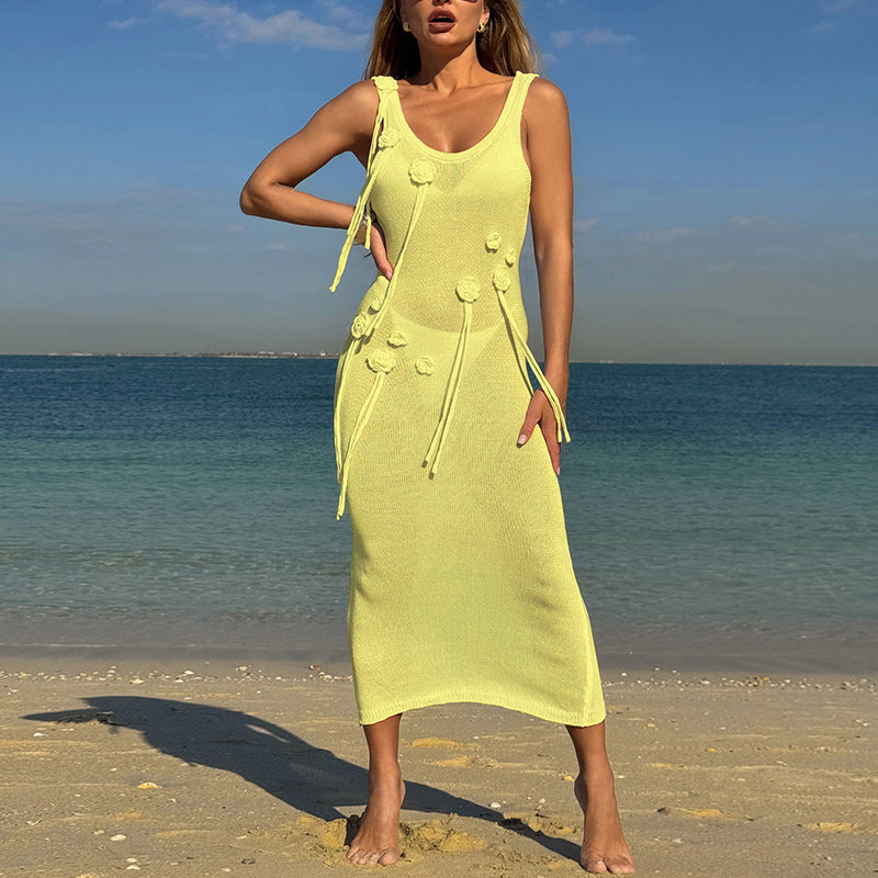 CYB dress three-dimensional flower U-neck sling back slit beach dress