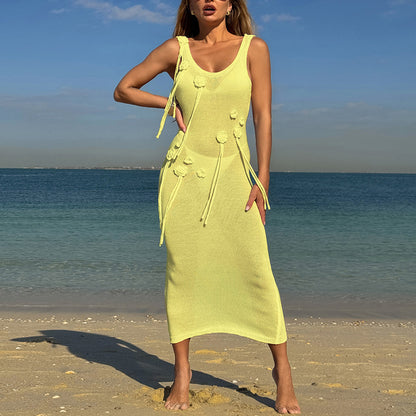 CYB dress three-dimensional flower U-neck sling back slit beach dress