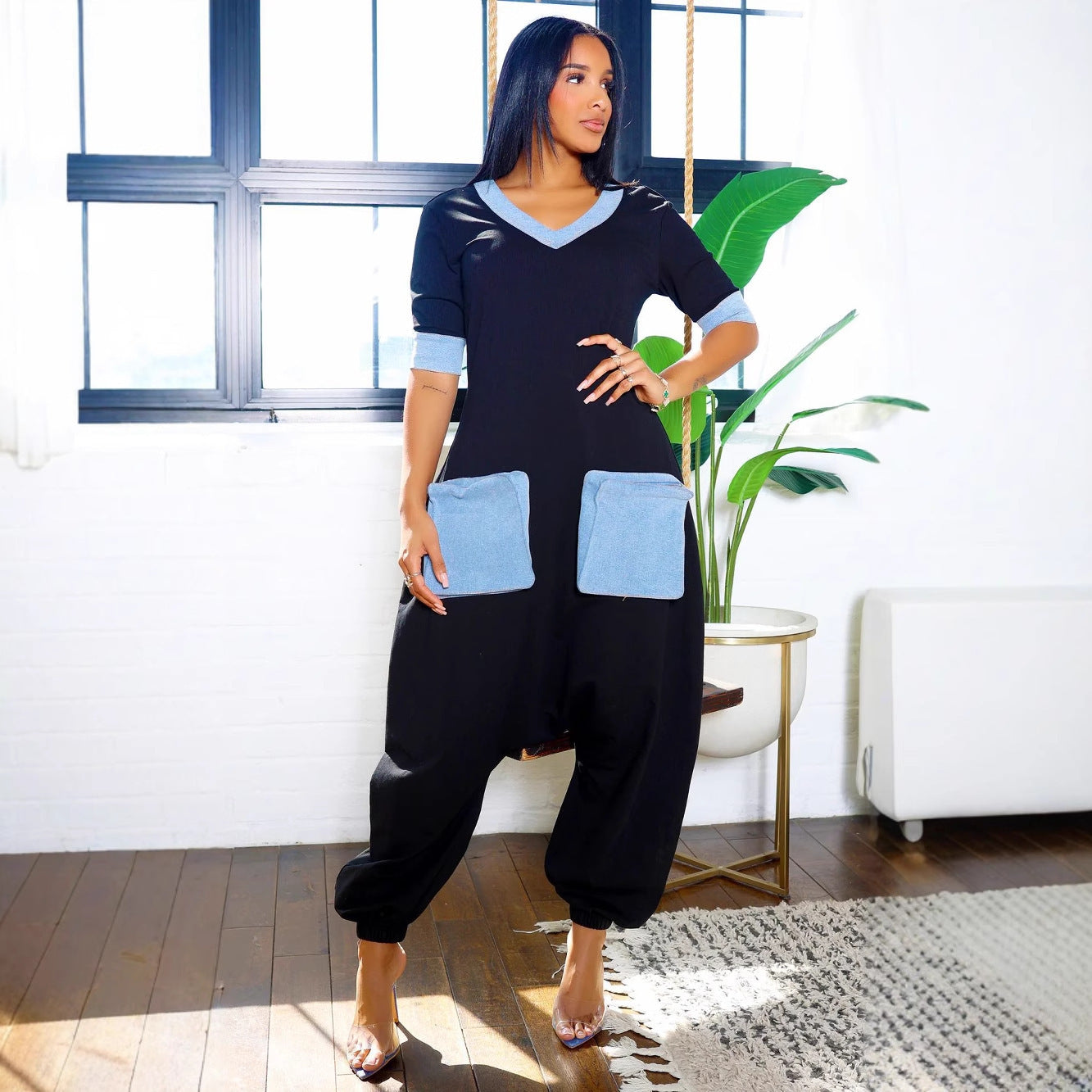 GY (S-3XL) K3600 V-Neck Denim stitching contrast color loose jumpsuit