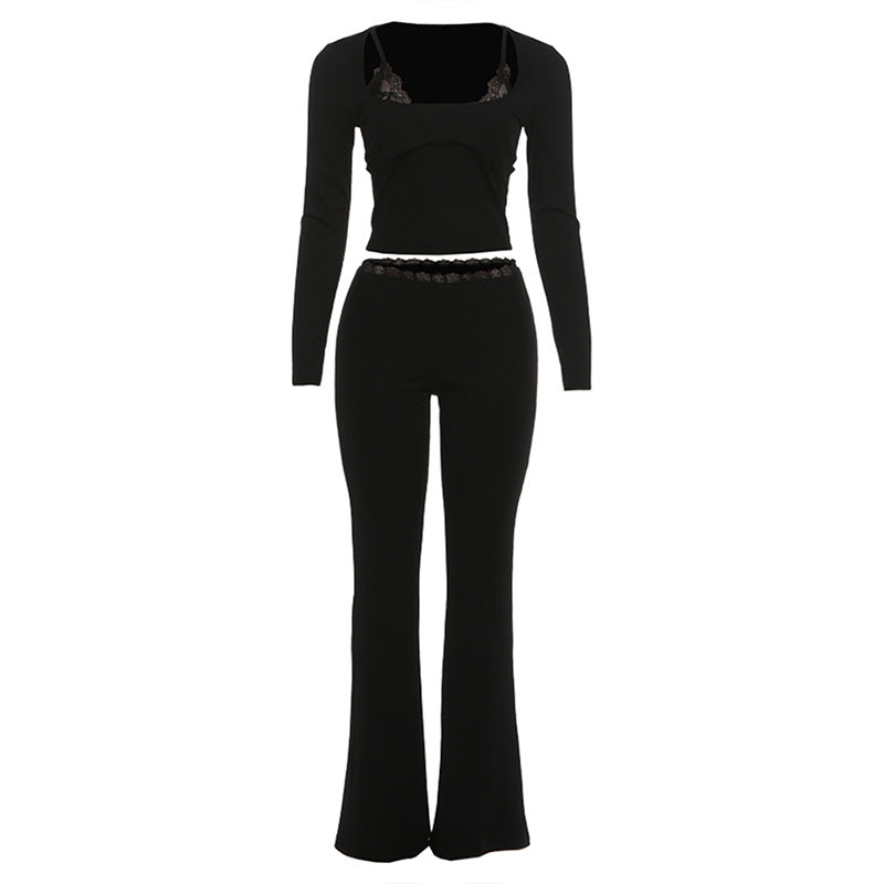 SXR spring slim-fitting sexy midriff-baring top lace trim bootcut pants suit
