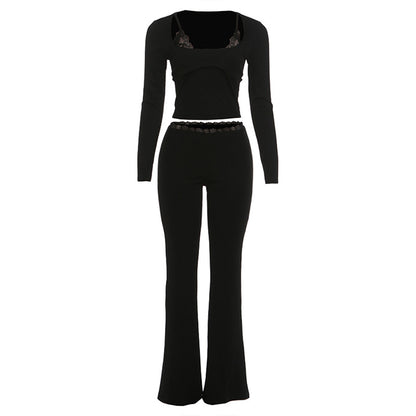 SXR spring slim-fitting sexy midriff-baring top lace trim bootcut pants suit