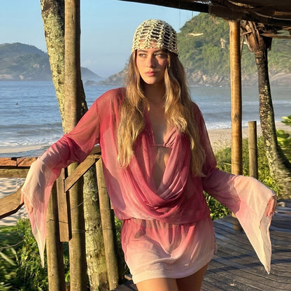 DZHT J26DS159 mesh see-through printed swing collar wide hem long sleeve dress