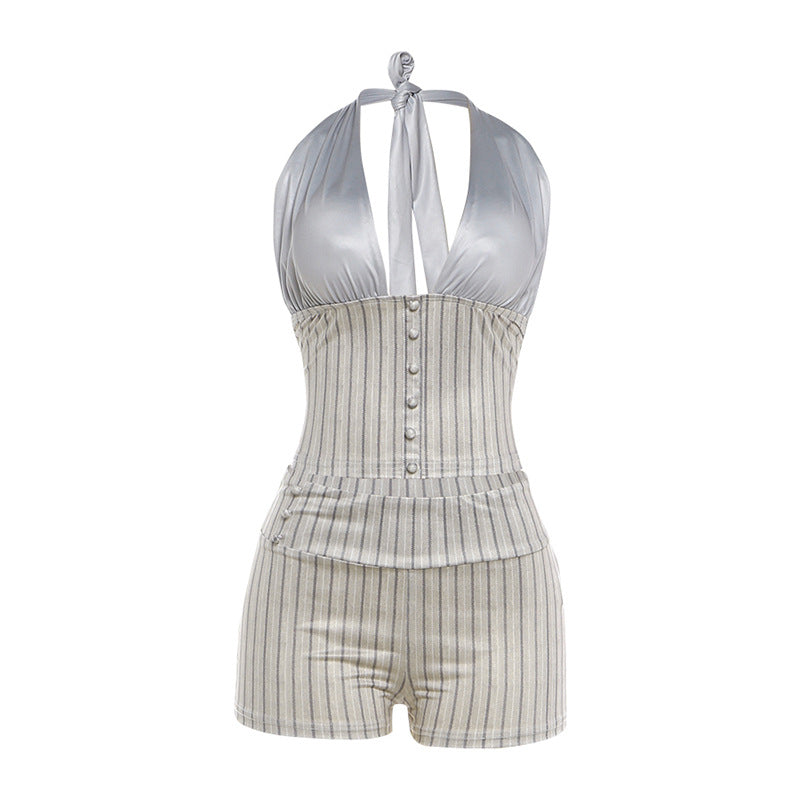 SXR K6S09317A V-neck midriff-baring halterneck vest sheath shorts suit