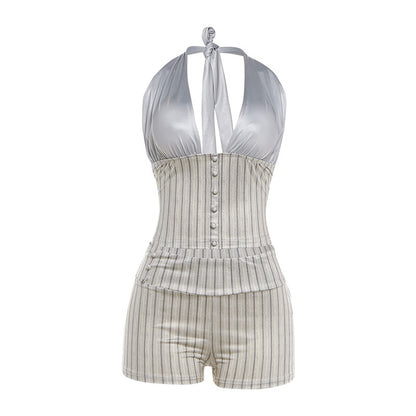 SXR K6S09317A V-neck midriff-baring halterneck vest sheath shorts suit