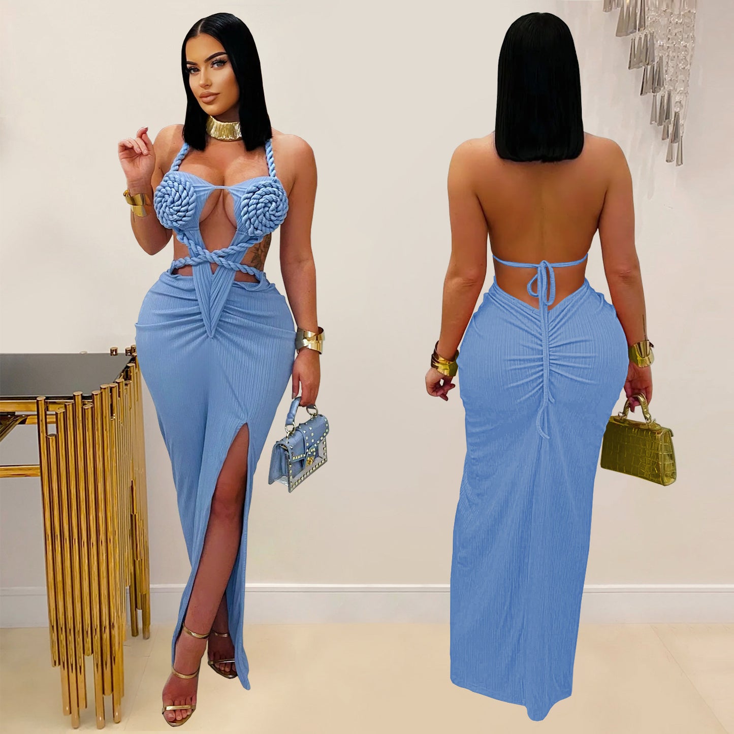 XYZ C7407 knitted halter backless dress