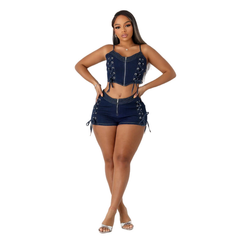 MZ (S-2XL) denim shorts MZ88653 lace-up vest stretch shorts suit