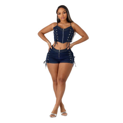 MZ (S-2XL) denim shorts MZ88653 lace-up vest stretch shorts suit