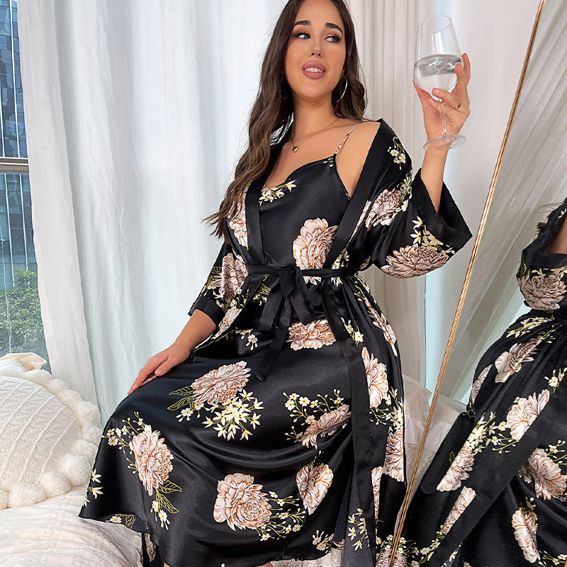 DNL plus size long artificial silk night skirt suit loose printed pajamas