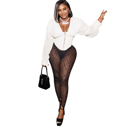 DZHT D26PT105 slim fit slimming see-through lace tight slip-on trousers