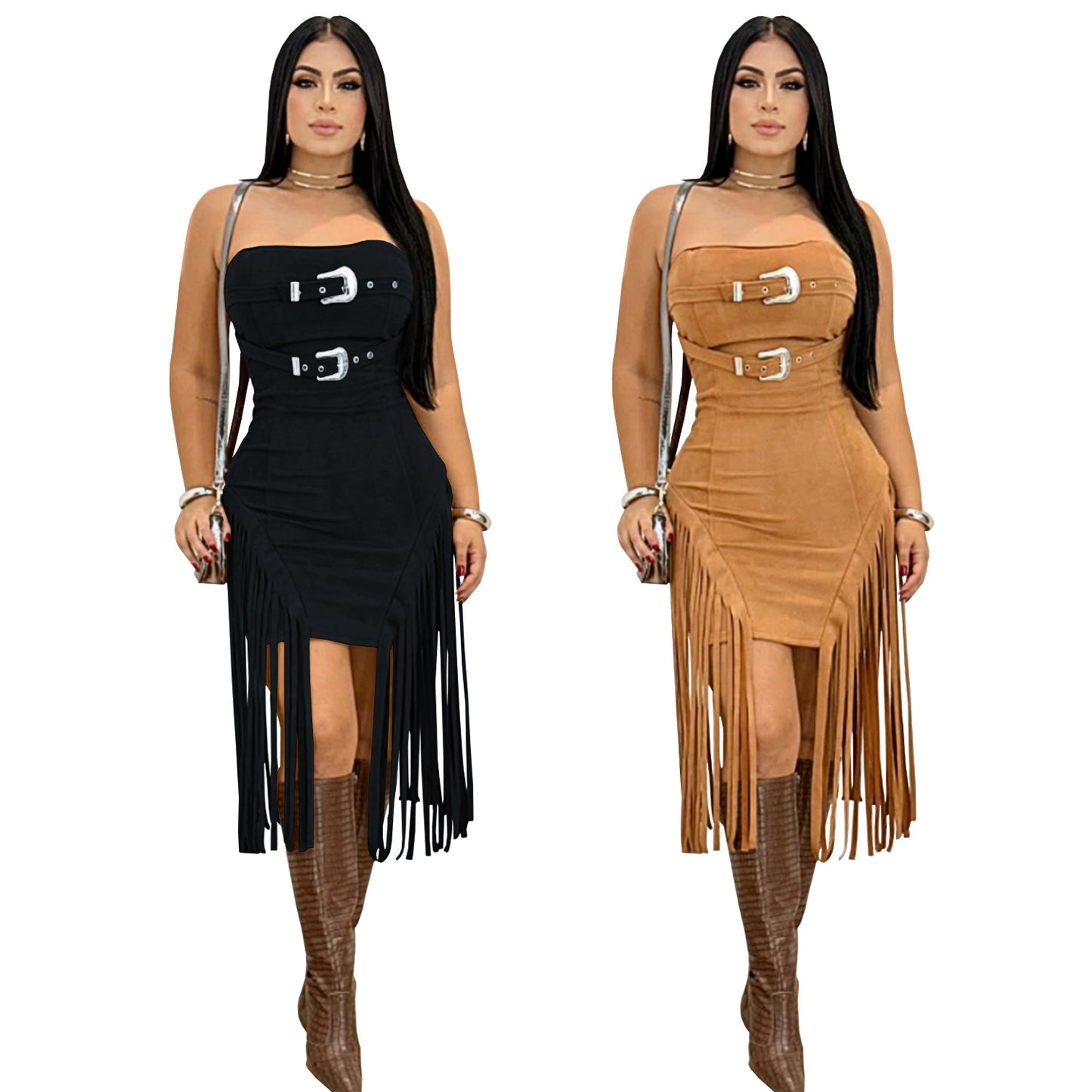 XYZ C7426 sleeveless tube top backless tassel dress