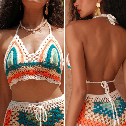 CYB beach pure hand crocheting color matching lace up bikini swimsuit
